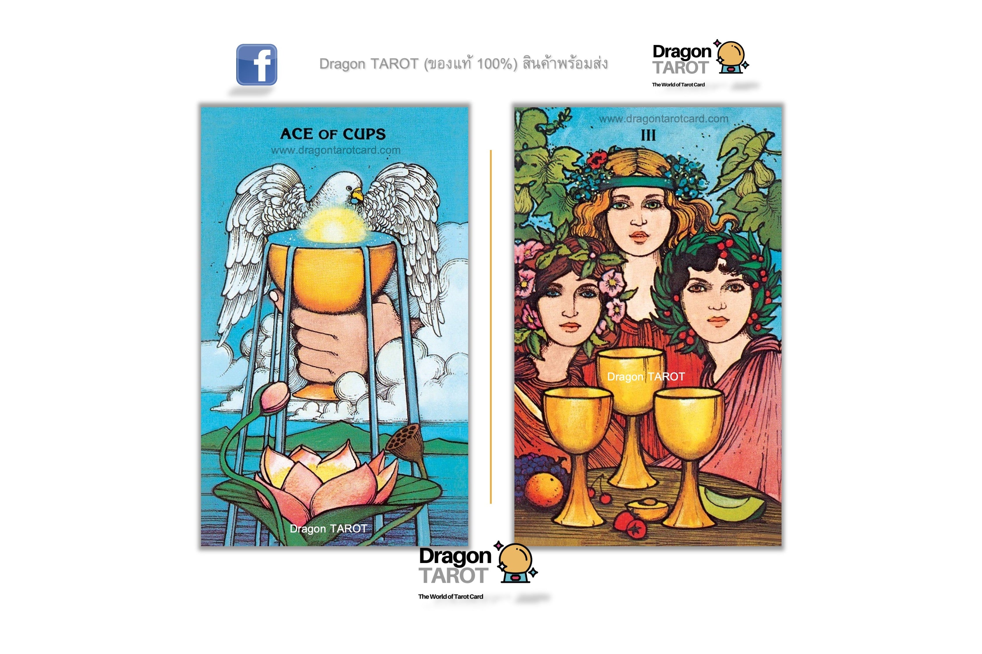 A digital preview of a Dragon Tarot deck showing two illustrated tarot cards side-by-side on a white background with social media and brand logos. The left card is 'ACE OF CUPS' featuring a hand holding a glowing goblet with angel wings.