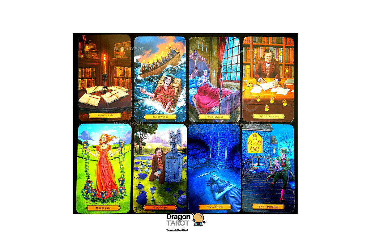 A tarot card deck box or display featuring eight illustrated cards arranged in a grid on a white background. The cards depict fantasy scenes including a library, a stormy sea, a castle, a study, a woman in a red dress, a graveyard, a blue cave, and a throne room.