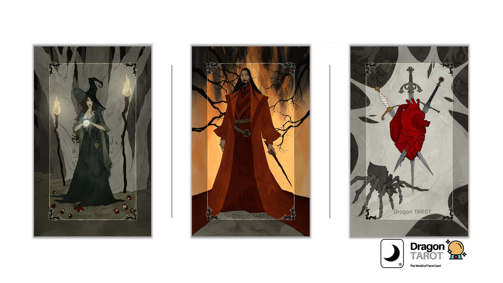 Three vertical tarot card art prints displayed side by side on a white background, with Dragon TAROT branding at the top and bottom. The left card shows a cloaked figure holding a candle in a dark scene.