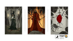 Three vertical tarot card art prints displayed side by side on a white background, with Dragon TAROT branding at the top and bottom. The left card shows a cloaked figure holding a candle in a dark scene.
