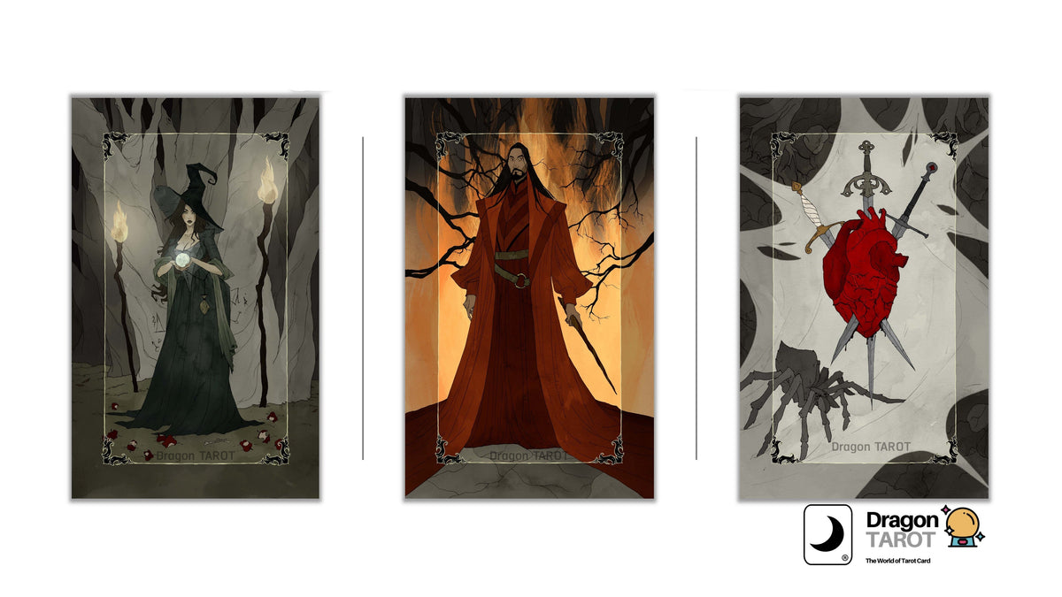Three vertical tarot card art prints displayed side by side on a white background, with Dragon TAROT branding at the top and bottom. The left card shows a cloaked figure holding a candle in a dark scene.