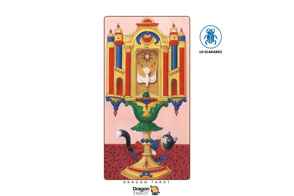 A Dragon Tarot card featuring a white winged figure above a green and gold pedestal, with red and blue architectural details, shown on a white background with Dragon Tarot branding and a LO SCAMARO logo.