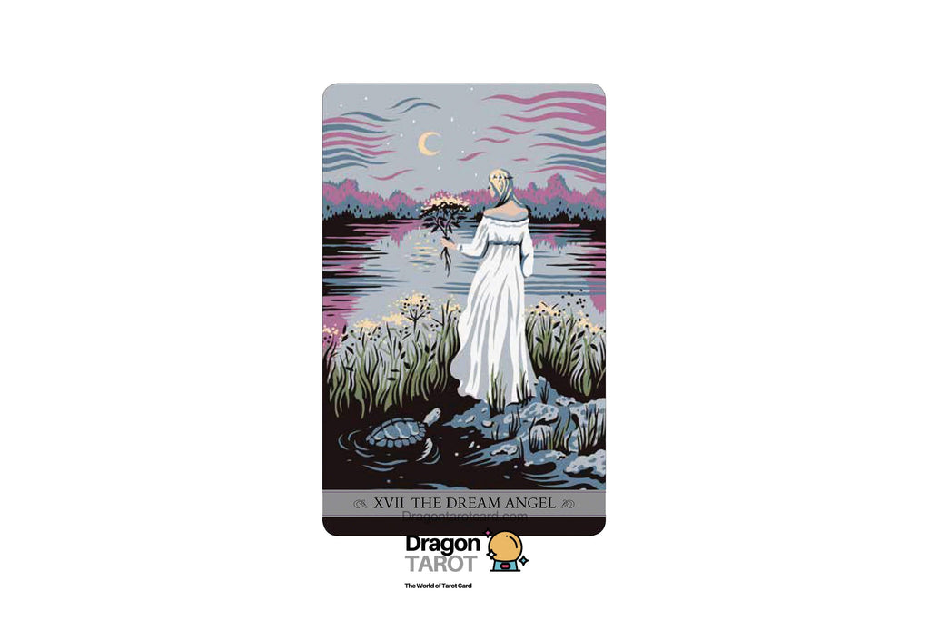 A tarot card titled 'XVII The Dream Angel' shown vertically on a white background, featuring an illustrated woman in a white gown standing by water under a crescent moon, with the Dragon Tarot logo below.