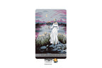 A tarot card titled 'XVII The Dream Angel' shown vertically on a white background, featuring an illustrated woman in a white gown standing by water under a crescent moon, with the Dragon Tarot logo below.