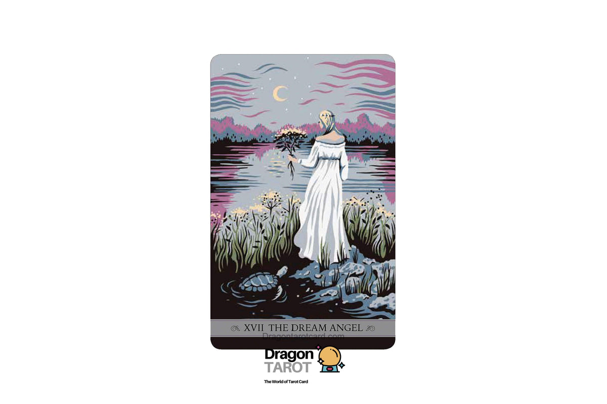 A tarot card titled 'XVII The Dream Angel' shown vertically on a white background, featuring an illustrated woman in a white gown standing by water under a crescent moon, with the Dragon Tarot logo below.
