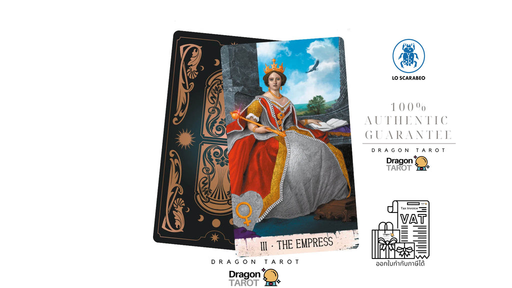 Dragon Tarot card deck packaging and a sample card featuring 'The Empress' illustration, shown on a white background with brand logos, social media icons, and guarantee text.