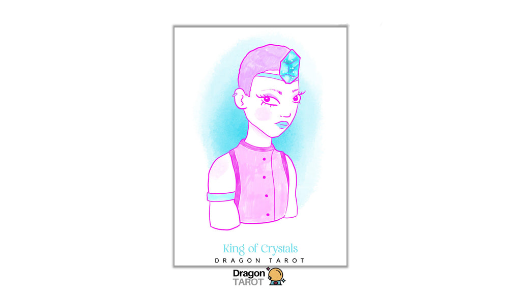 A tarot card illustration titled 'King of Crystals' featuring a stylized character with a pink headpiece and blue gem, set against a white card with a light blue watercolor wash. The Dragon Tarot brand logo is visible at the top and bottom.