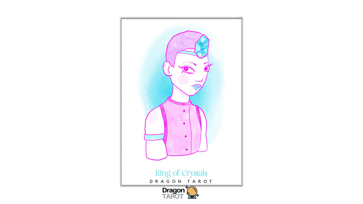A tarot card illustration titled 'King of Crystals' featuring a stylized character with a pink headpiece and blue gem, set against a white card with a light blue watercolor wash. The Dragon Tarot brand logo is visible at the top and bottom.