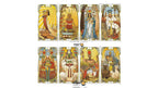 A set of eight Dragon Tarot cards arranged in two rows of four on a plain white background. The cards feature traditional Egyptian-themed artwork with gold borders and detailed illustrations of pharaohs, gods, and symbols.