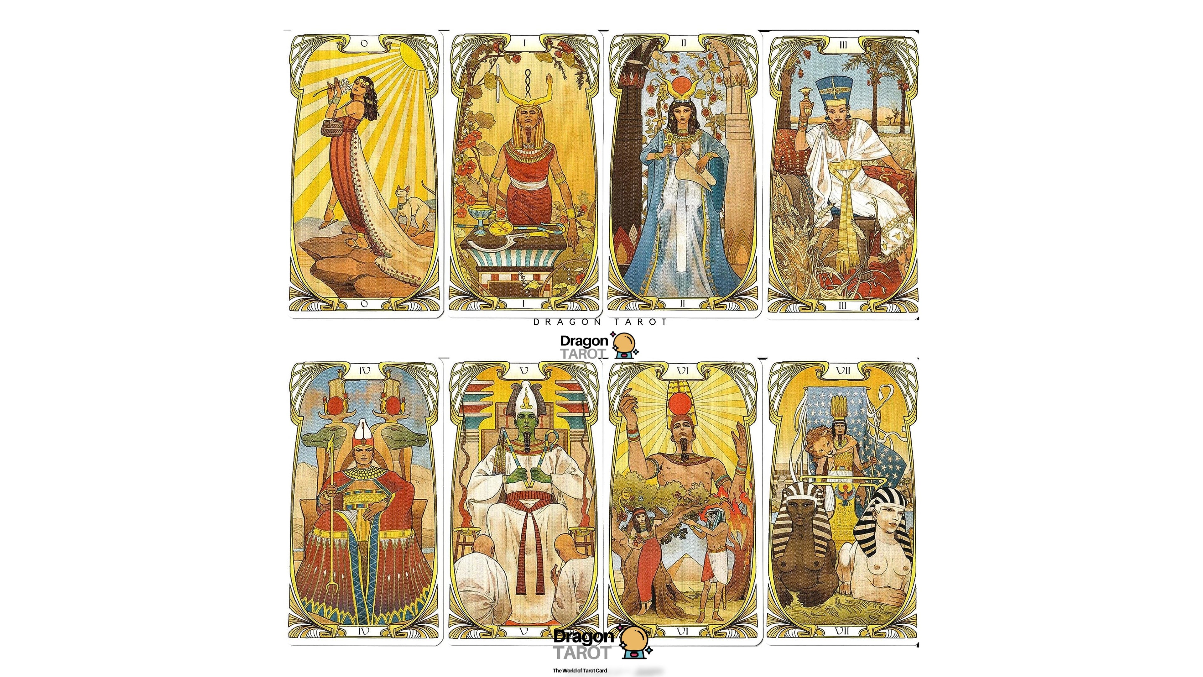 A set of eight Dragon Tarot cards arranged in two rows of four on a plain white background. The cards feature traditional Egyptian-themed artwork with gold borders and detailed illustrations of pharaohs, gods, and symbols.