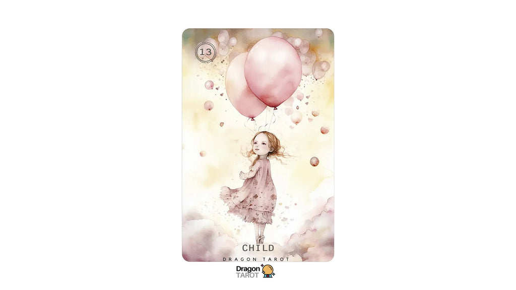 A tarot card featuring a watercolor illustration of a young girl floating with pink balloons, labeled 'CHILD' and 'SEASON OF WIND', shown against a white background with the Dragon Tarot logo at the bottom.