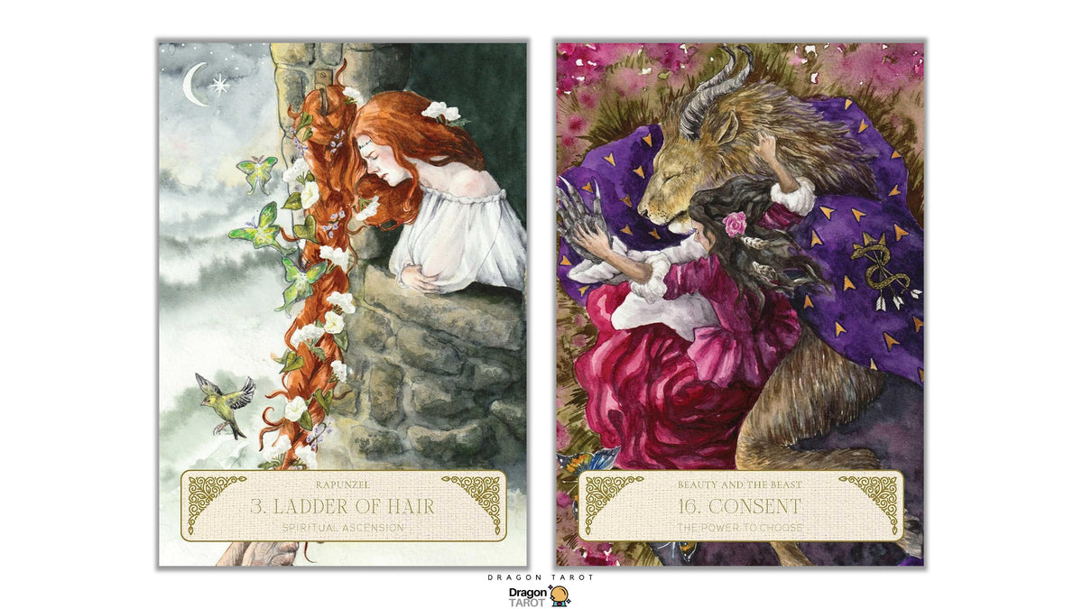 Two illustrated tarot-style cards shown side by side on a white background. The left card depicts a woman with long red hair climbing a stone wall with a vine, captioned '3.