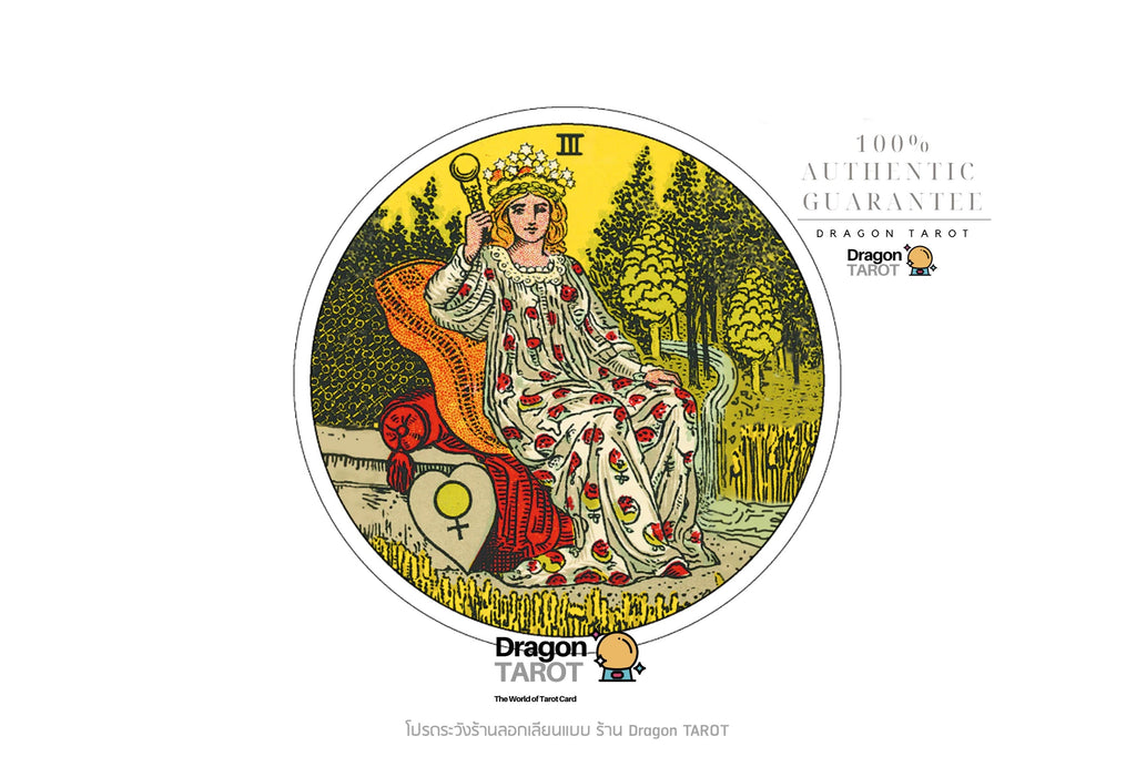 A tarot card design featuring a crowned queen-like figure seated on a throne, with trees and a red-and-gold landscape. The card is centered on a white background with surrounding text and logos reading Dragon Tarot and Thai promotional copy.