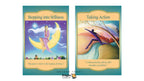 Two illustrated tarot cards shown side by side on a teal background. The left card reads "Stepping into Stillness" with a woman sitting on a crescent moon under a starry sky.
