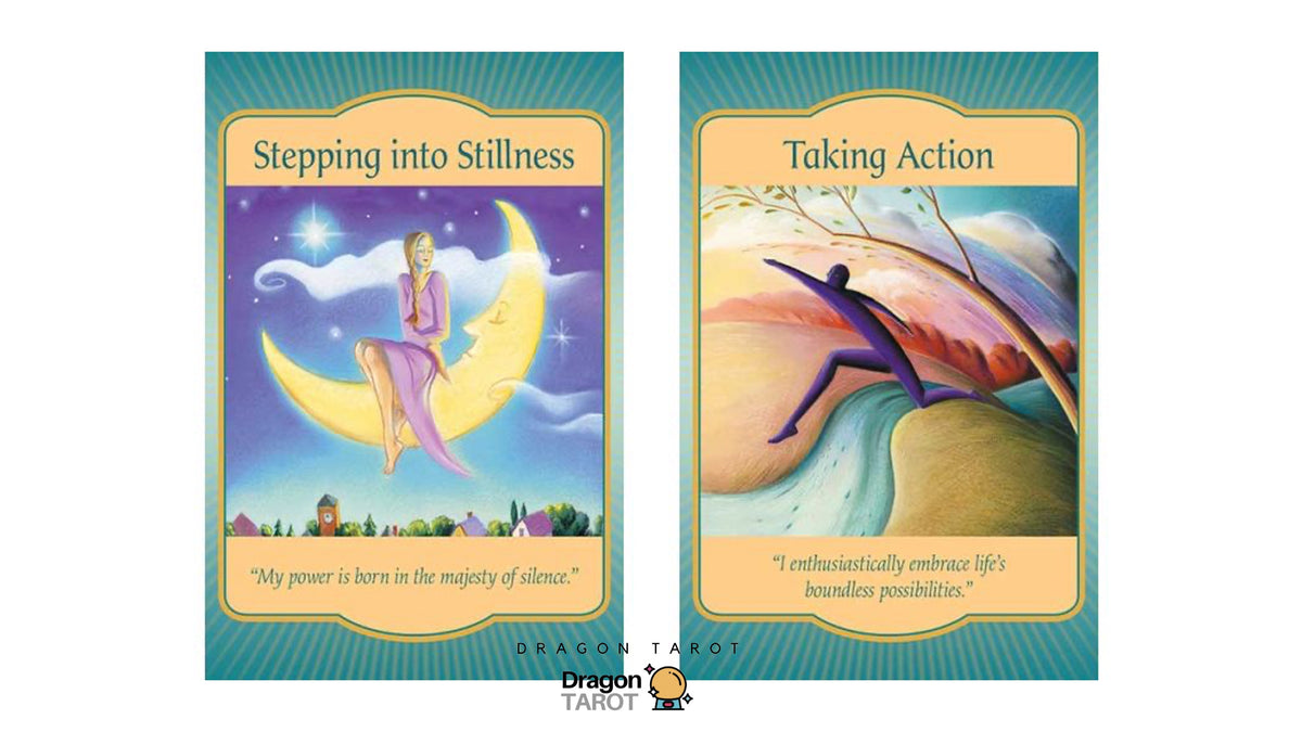 Two illustrated tarot cards shown side by side on a teal background. The left card reads "Stepping into Stillness" with a woman sitting on a crescent moon under a starry sky.