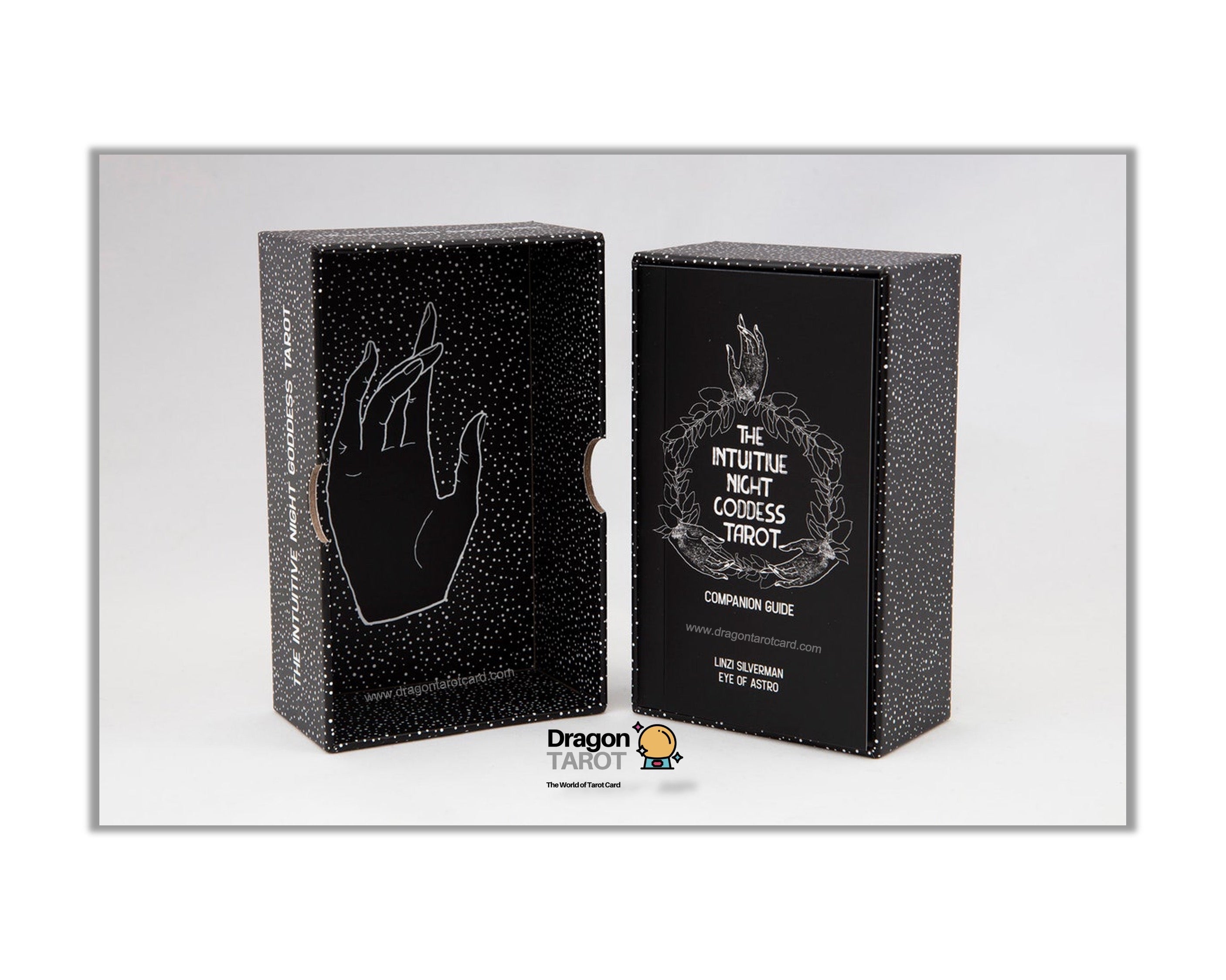 Two black textured product boxes standing upright on a light gray background. The left box features a white hand outline, and the right box has a circular crest with the text '17 PRUTIE NOT COSSS CLOESS TROY'.