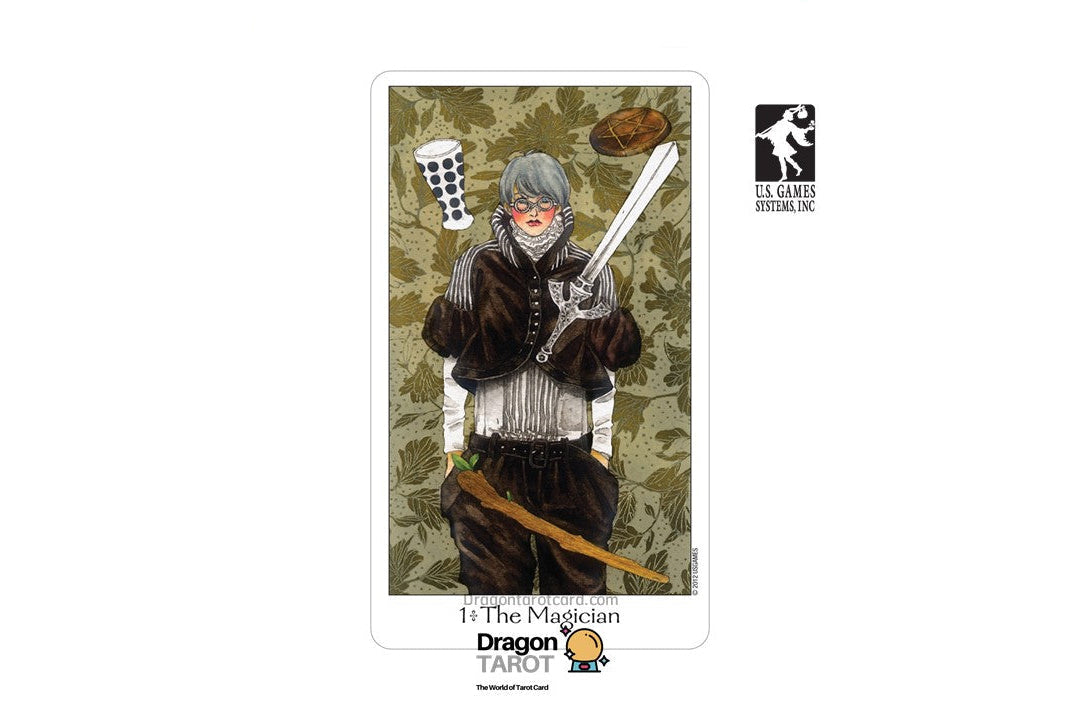 A Dragon Tarot card featuring the 'The Magician' card design, illustrated with a gray-haired figure in dark robes holding a sword and wand, set against a camouflage background. The card is shown centered on a white page with social media and publisher logos.