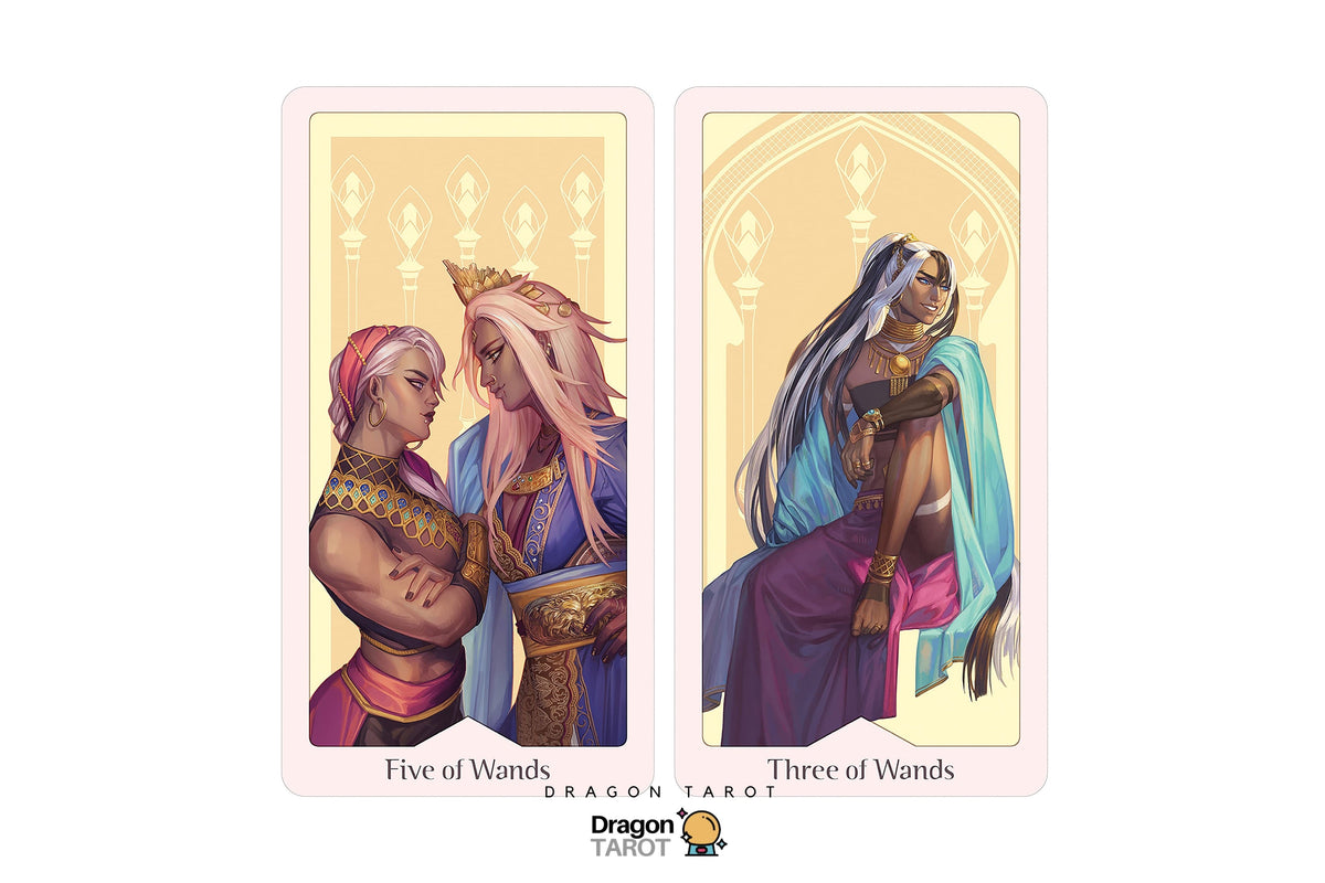 Two illustrated tarot cards shown side by side on a white background: 'Five of Wands' on the left and 'Three of Wands' on the right. The cards feature stylized fantasy figures in purple, gold, pink, and blue tones.