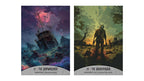 Two vertical art prints shown side by side on a white background. The left print, titled '17 - The Shipwrecked', depicts a ship sinking in stormy purple and blue waters with figures in the water.