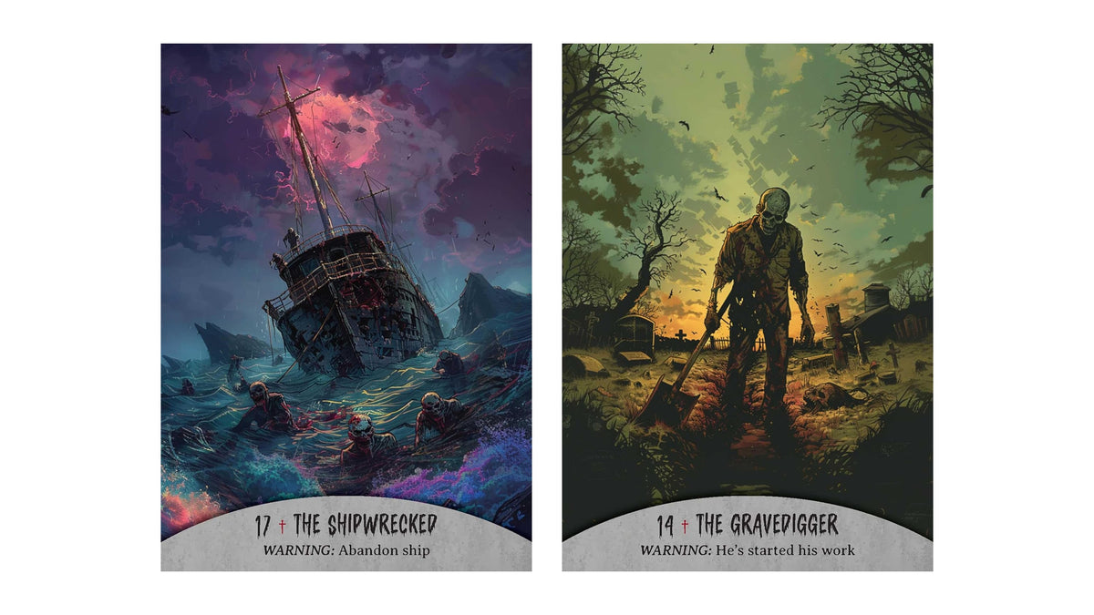 Two vertical art prints shown side by side on a white background. The left print, titled '17 - The Shipwrecked', depicts a ship sinking in stormy purple and blue waters with figures in the water.