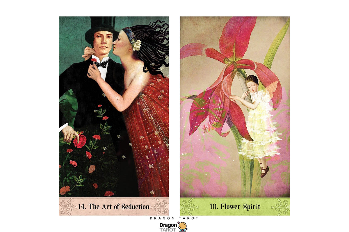 Two vertical tarot-style art cards shown side by side on a white background. The left card reads '14.