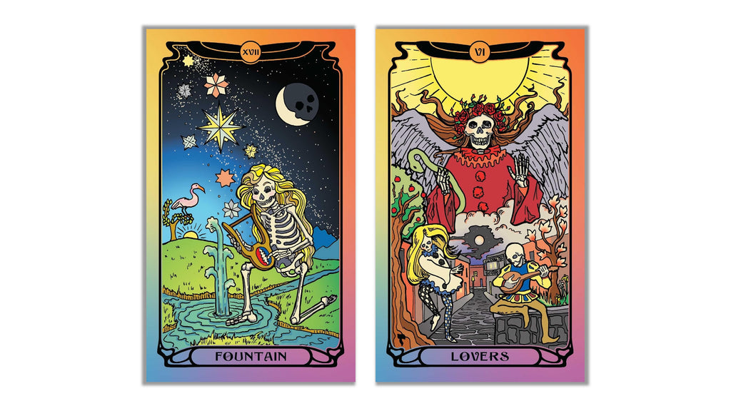 Two illustrated tarot-style cards shown side by side on a plain white background. The left card is labeled 'Fountain' and depicts a skeleton playing a guitar in a night sky with stars and a moon.
