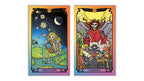 Two illustrated tarot-style cards shown side by side on a plain white background. The left card is labeled 'Fountain' and depicts a skeleton playing a guitar in a night sky with stars and a moon.