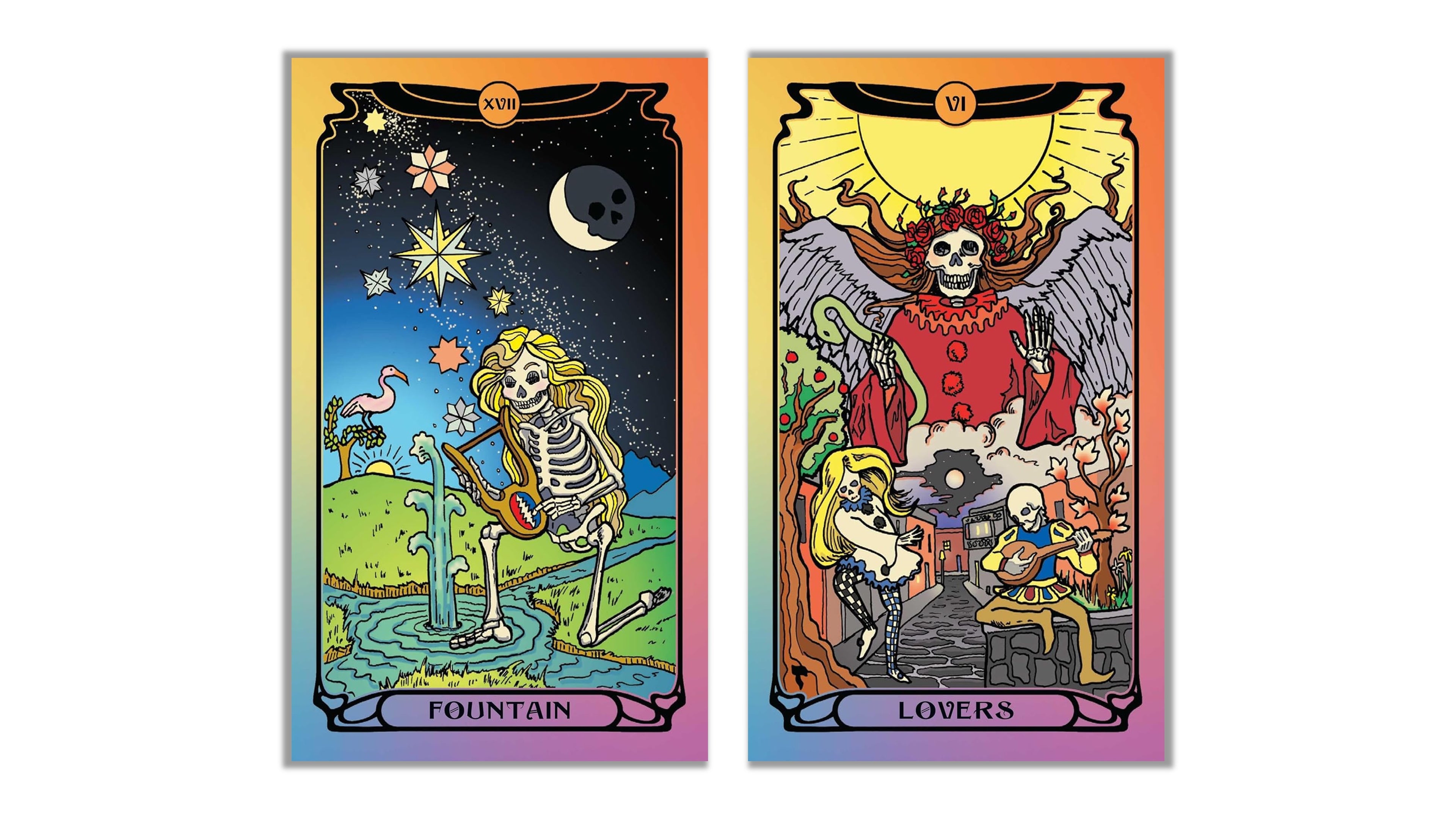 Two illustrated tarot-style cards shown side by side on a plain white background. The left card is labeled 'Fountain' and depicts a skeleton playing a guitar in a night sky with stars and a moon.