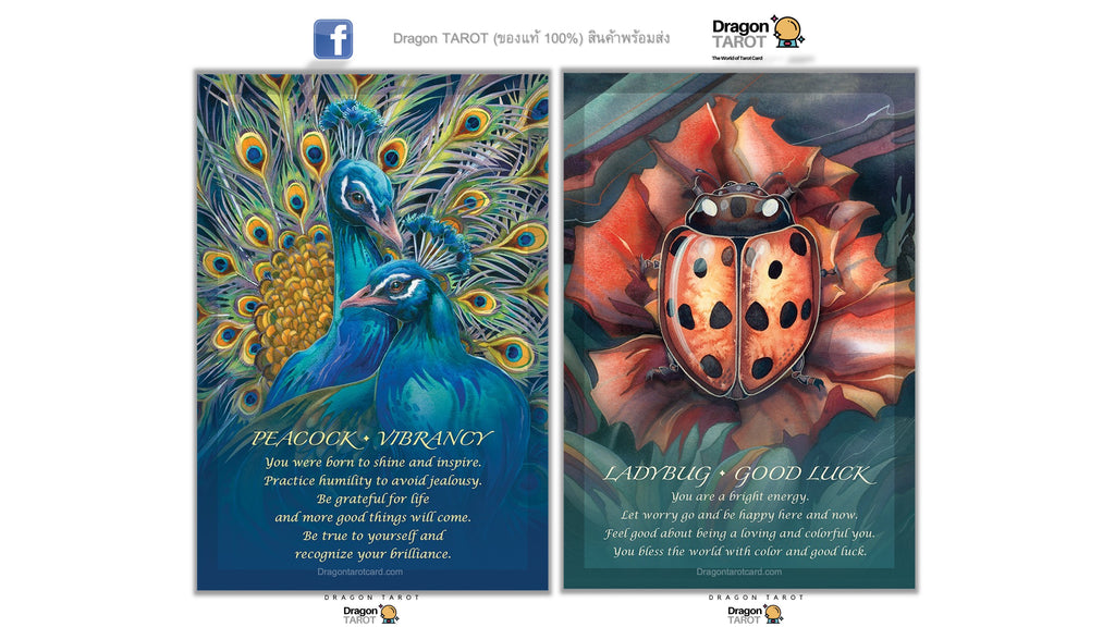 A pair of Dragon Tarot cards shown side-by-side on a white background. The left card, 'Peacock - Vibrancy', features a detailed illustration of a peacock with its tail spread, in shades of blue, green, and gold.