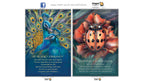 A pair of Dragon Tarot cards shown side-by-side on a white background. The left card, 'Peacock - Vibrancy', features a detailed illustration of a peacock with its tail spread, in shades of blue, green, and gold.
