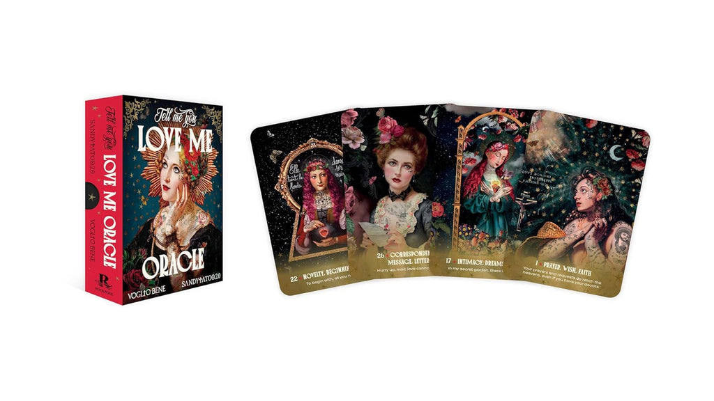 The Love Me Oracle Card Deck box and a fan of illustrated cards on a plain white background. The box is red and black with the title 'LOVE ME ORACLE' and 'VOGUE VENTURE' visible.