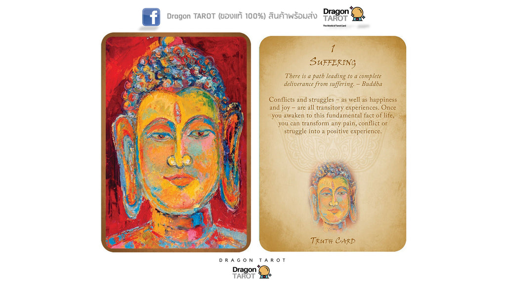 A Dragon Tarot card set shown on a white background, featuring a front artwork panel with a colorful painted Buddha head on red and gold tones, and a back panel with printed text and a small Buddha illustration.