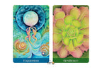 Two illustrated oracle cards shown side by side on a white background. The left card is labeled "Expansion" and depicts a fantasy scene with a large moon, swirling blue waves, and two small figures.