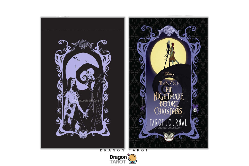 Two tarot journal covers shown side by side on a white background. The left cover features a black background with a pale lavender ornate frame and a stylized illustration of a couple under a crescent moon.