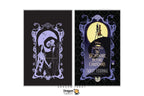 Two tarot journal covers shown side by side on a white background. The left cover features a black background with a pale lavender ornate frame and a stylized illustration of a couple under a crescent moon.