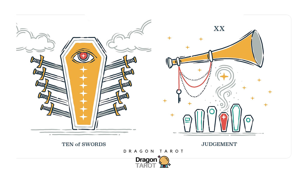 Illustrated tarot card page for Dragon Tarot showing 'Ten of Swords' on the left with a coffin, swords, and eye motif, and 'Judgement' on the right with a horn, key, and coffins. The Dragon Tarot logo appears at the top and bottom.