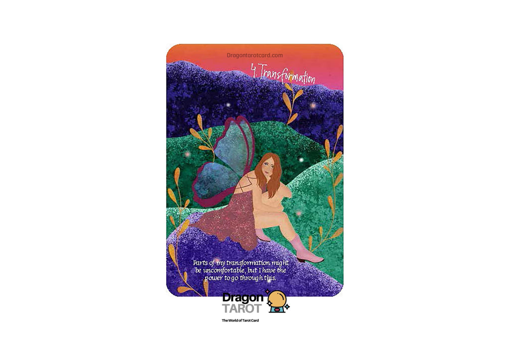 A Dragon Tarot card titled 'The Transformation' featuring an illustration of a fairy with a purple wing sitting on a hill of purple flowers, with a woman seated in the center. The card is presented on a white background with Dragon Tarot branding and social media icons.