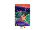 A Dragon Tarot card titled 'The Transformation' featuring an illustration of a fairy with a purple wing sitting on a hill of purple flowers, with a woman seated in the center. The card is presented on a white background with Dragon Tarot branding and social media icons.