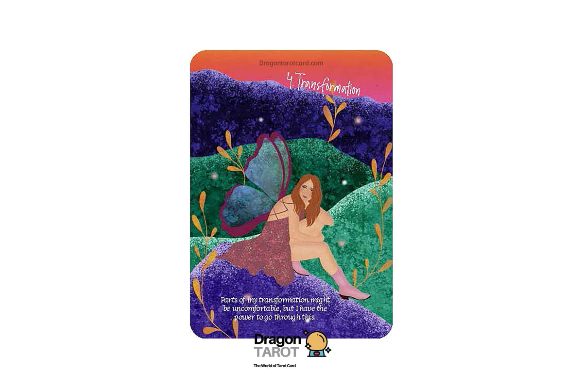 A Dragon Tarot card titled 'The Transformation' featuring an illustration of a fairy with a purple wing sitting on a hill of purple flowers, with a woman seated in the center. The card is presented on a white background with Dragon Tarot branding and social media icons.