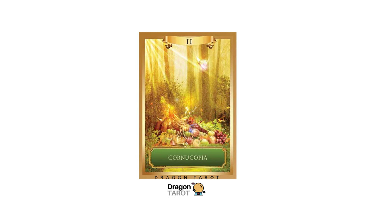 A tarot card titled 'Cornucopia' from the Dragon Tarot deck, featuring a golden forest illustration with a horn and fruits, centered on a white background with the Dragon Tarot logo below.