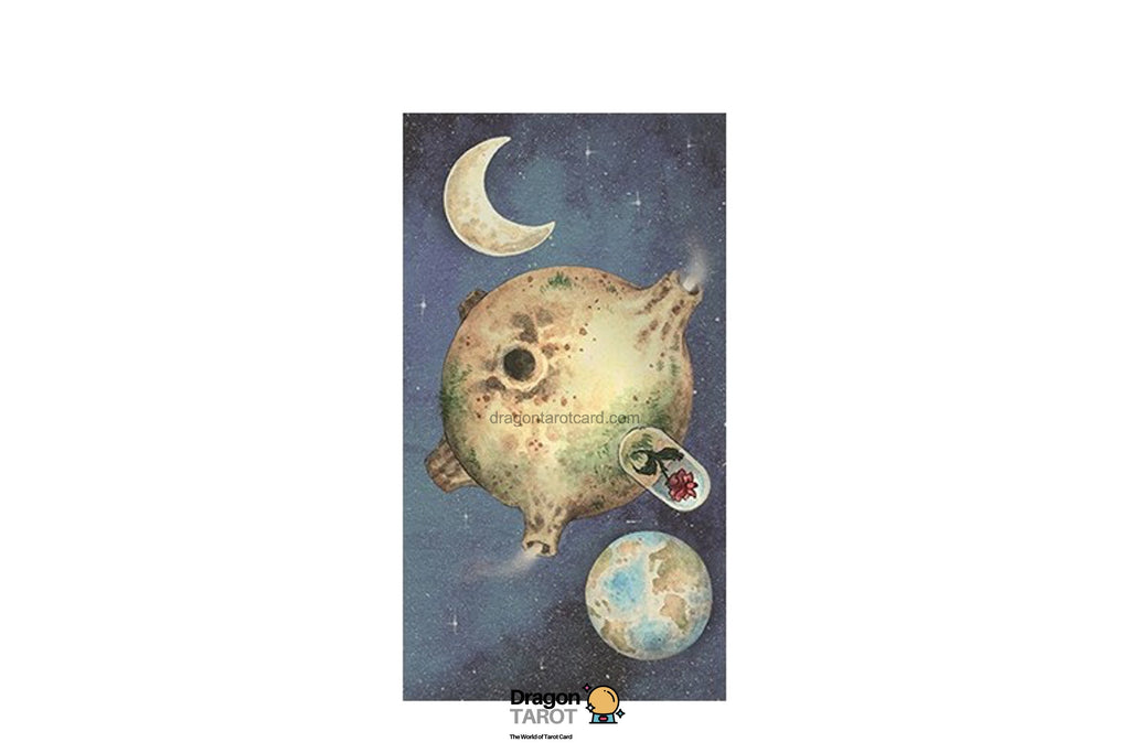 A vertical tarot card illustration featuring a surreal cosmic scene with a crescent moon, a large floating planet, a smaller globe, and stars on a dark blue background. The card is centered on a white canvas with a 'Dreamer Tarot' logo at the bottom.