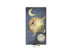 A vertical tarot card illustration featuring a surreal cosmic scene with a crescent moon, a large floating planet, a smaller globe, and stars on a dark blue background. The card is centered on a white canvas with a 'Dreamer Tarot' logo at the bottom.