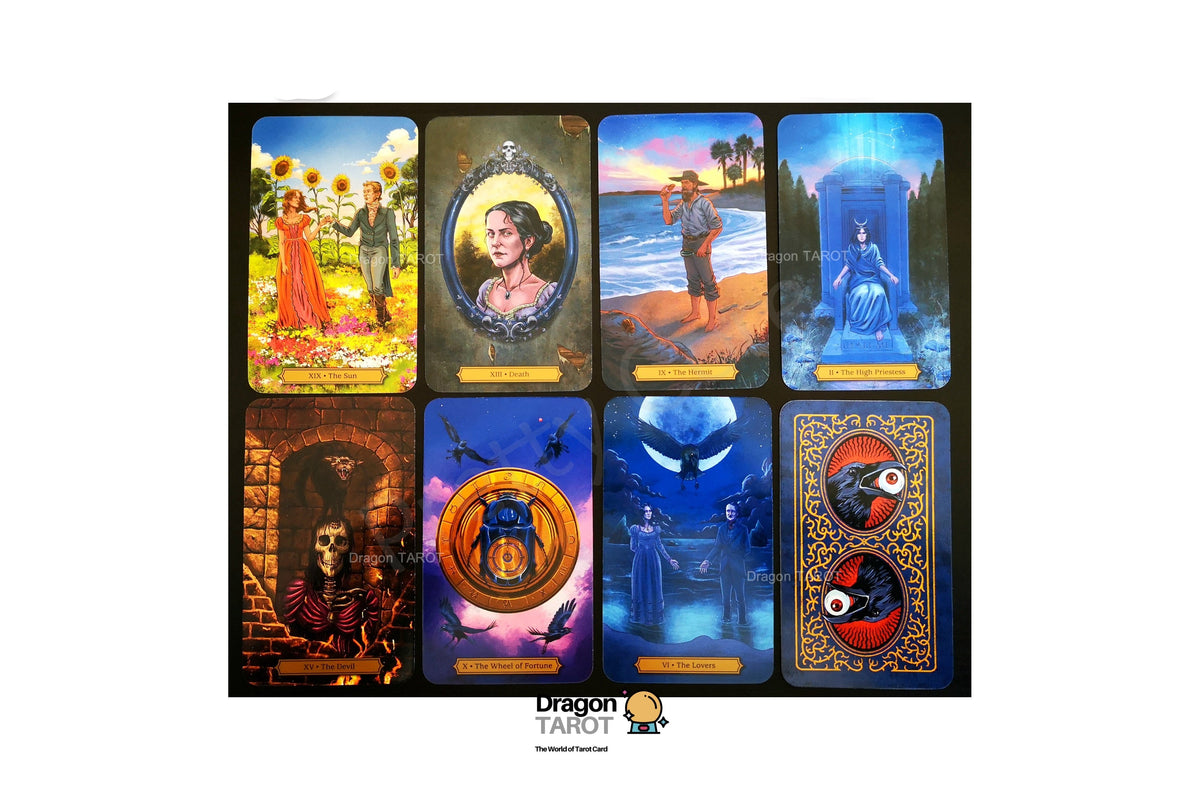 A collage of eight Dragon Tarot oracle cards displayed in a 4-by-2 grid on a white background. The cards feature various mystical and fantasy illustrations, including a woman in a red dress, a portrait in an ornate frame, a beach scene, a blue portal, a skeleton in a stone archway, an eye motif, a blue creature, and a red eye card.
