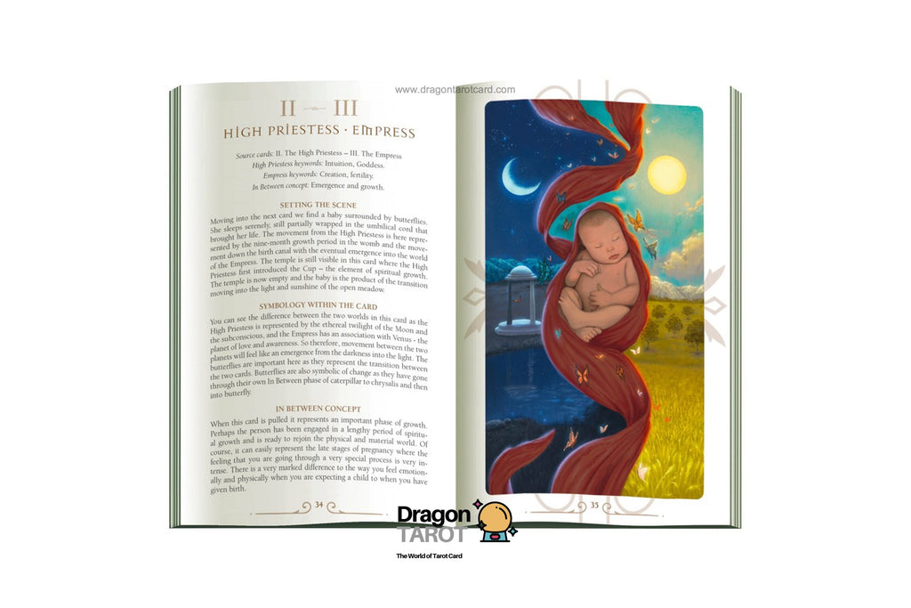 An open book or booklet shown against a light gray background, with the left page containing text and the right page featuring a colorful fantasy-style illustration of a woman in flowing red garments holding a child under a crescent moon and sun.