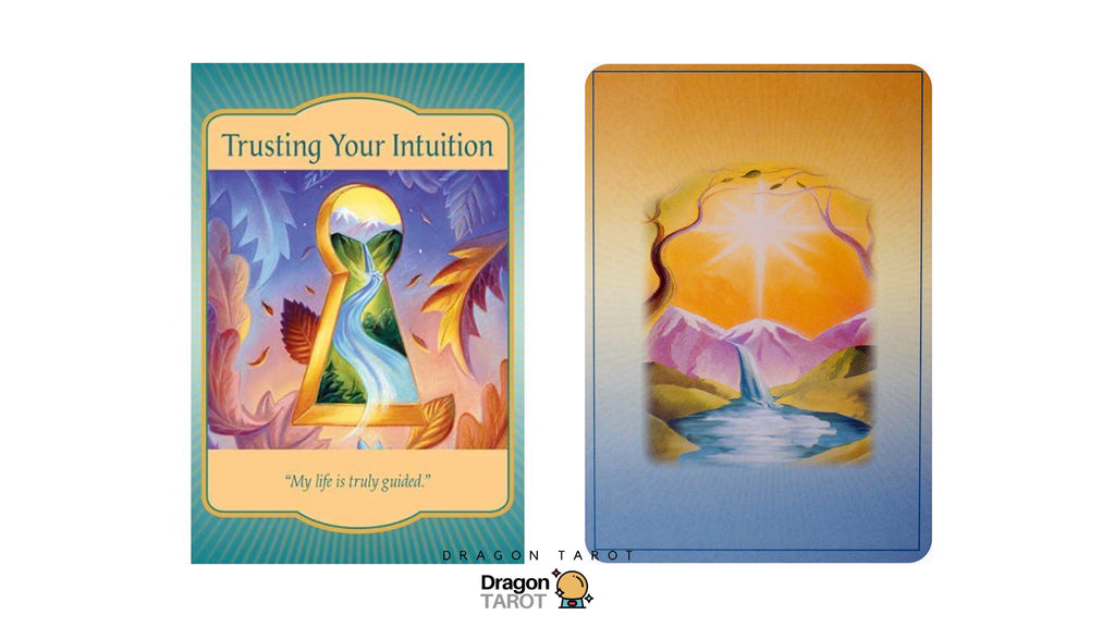 Two Dragon Tarot cards displayed side by side on a white background. The left card, titled 'Trusting Your Intuition', shows a teal border with a central illustration of a keyhole opening to a green landscape under a yellow sun, with the quote 'My life is truly guided' at the bottom.
