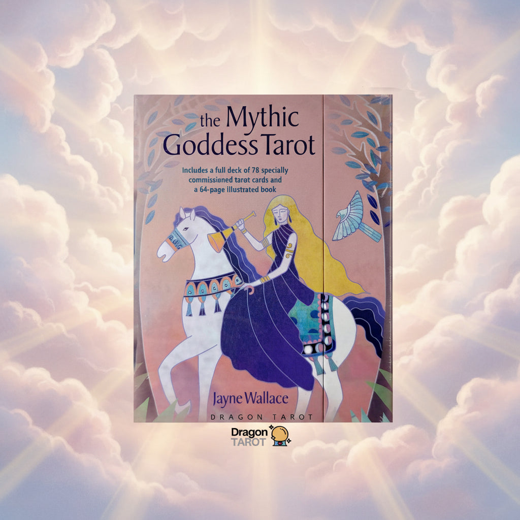 The front cover of the book 'The Mythic Goddess Tarot' by Jayne Wallace, featuring an illustration of a woman in a blue dress riding a white horse against a pink background. The Dragon Tarot logo is visible at the top and bottom.