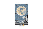 A tarot card featuring 'XVIII The Moon' with a large textured cream moon, dark blue sky, waves, and a house, shown on a white background with a Dragon Tarot logo at the bottom.