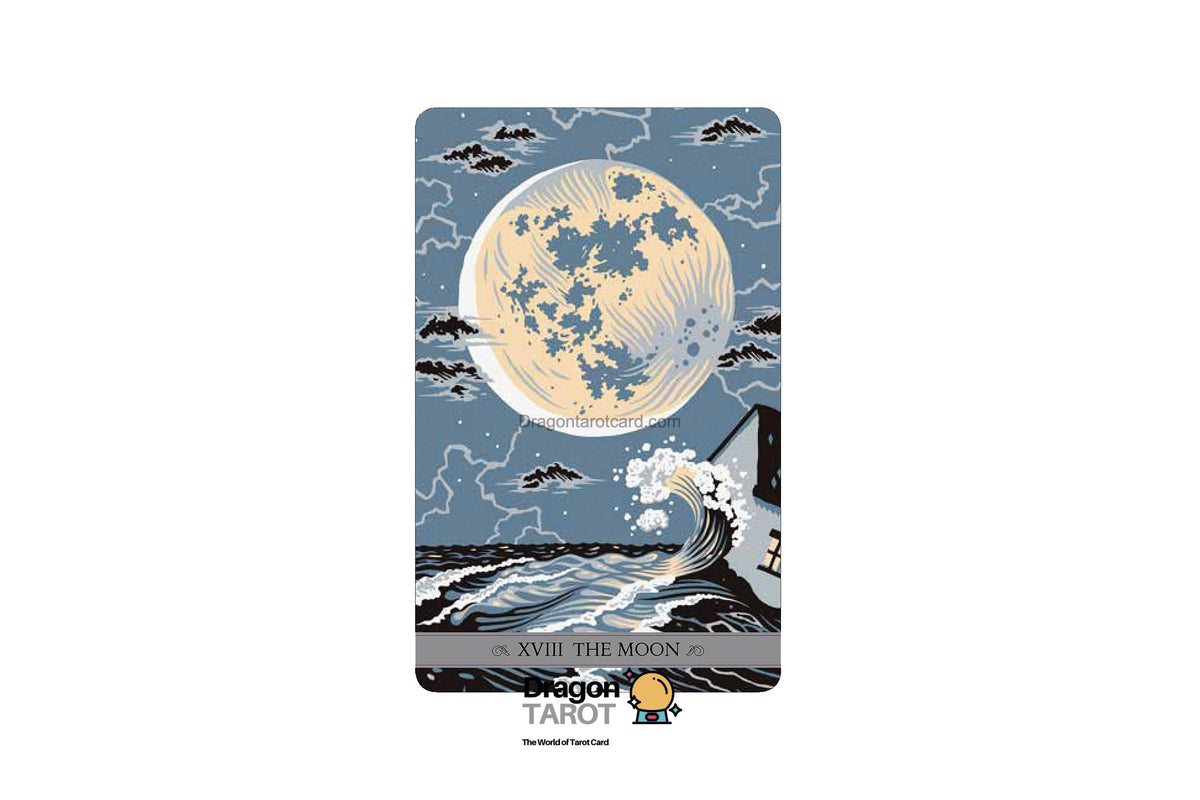 A tarot card featuring 'XVIII The Moon' with a large textured cream moon, dark blue sky, waves, and a house, shown on a white background with a Dragon Tarot logo at the bottom.