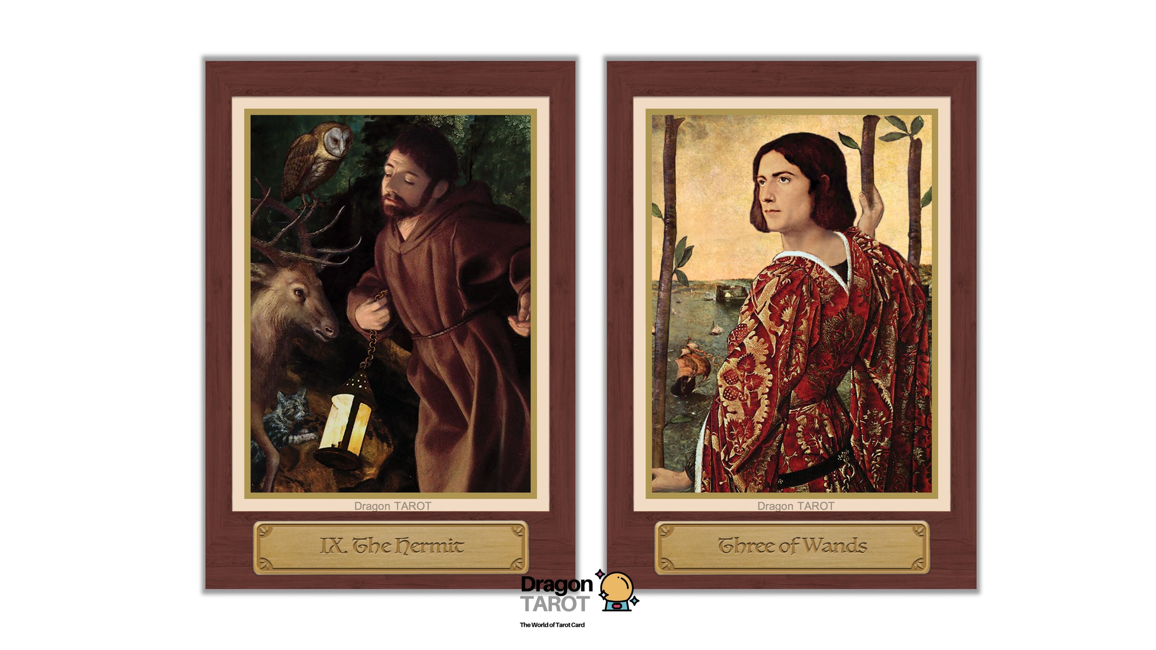 Two framed tarot art prints side by side on a white background. The left print is 'The Hermit' (IX.
