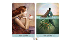 Two illustrated tarot-style cards shown side by side on a white background. The left card reads 'PAGE of Cups' and shows a woman in a floral dress holding a teacup.